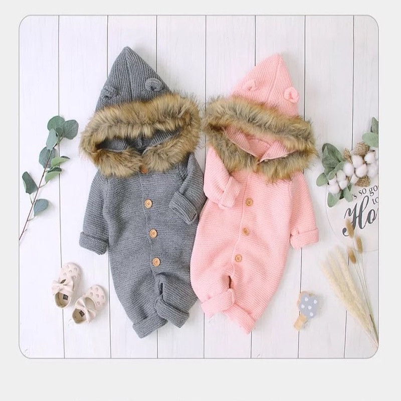 6M-24M Warm Winter Knitted Sweater Hooded Romper Baby